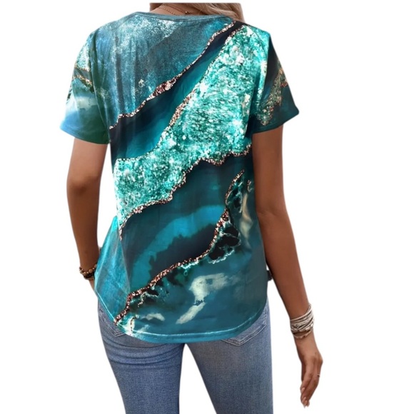 Beach Ocean Blue Top Marbled V Neck Short sleeve Women Turquoise Teal Plus 2XL - Picture 2 of 16